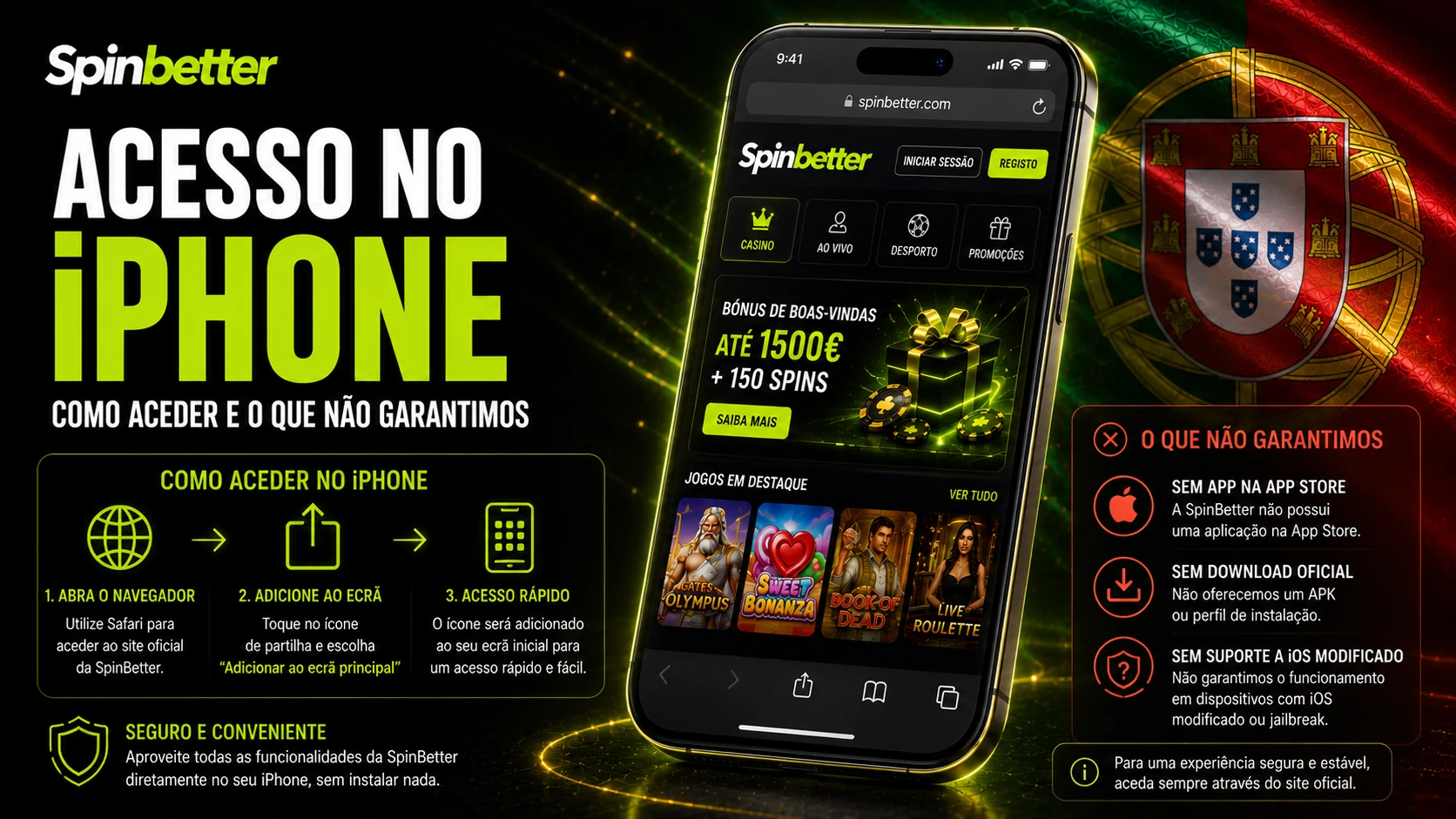 Acesso à SpinBetter no iPhone, com o site aberto no navegador e o bónus de boas-vindas em destaque