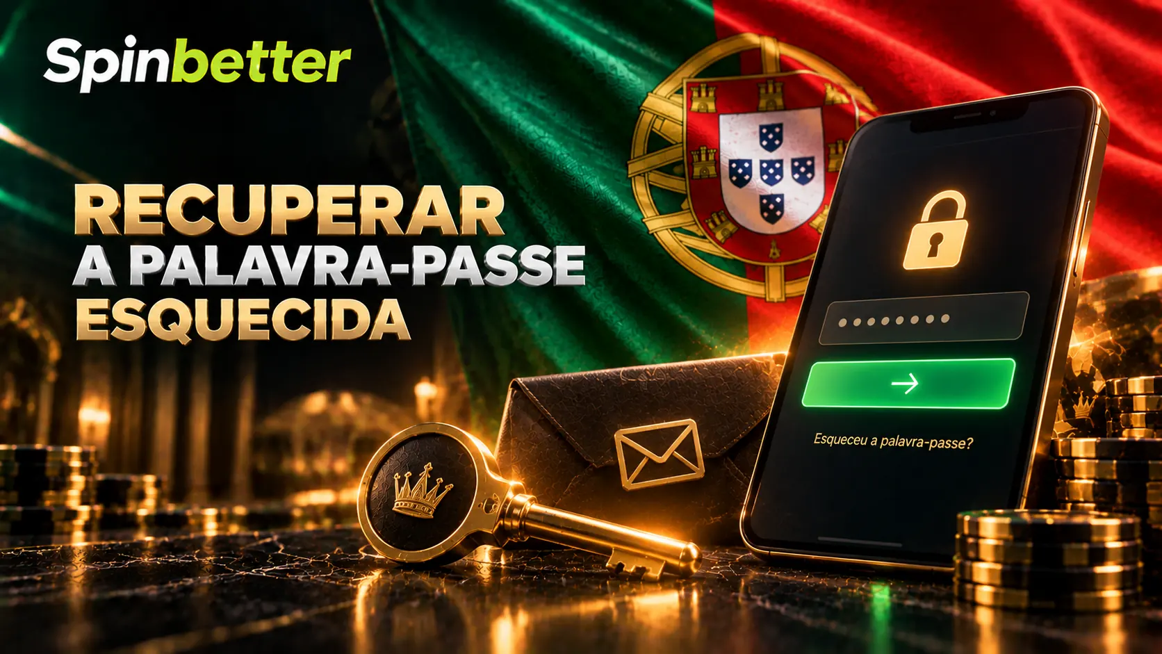 Recuperação da palavra-passe esquecida de uma conta SpinBetter, com chave e envelope de email