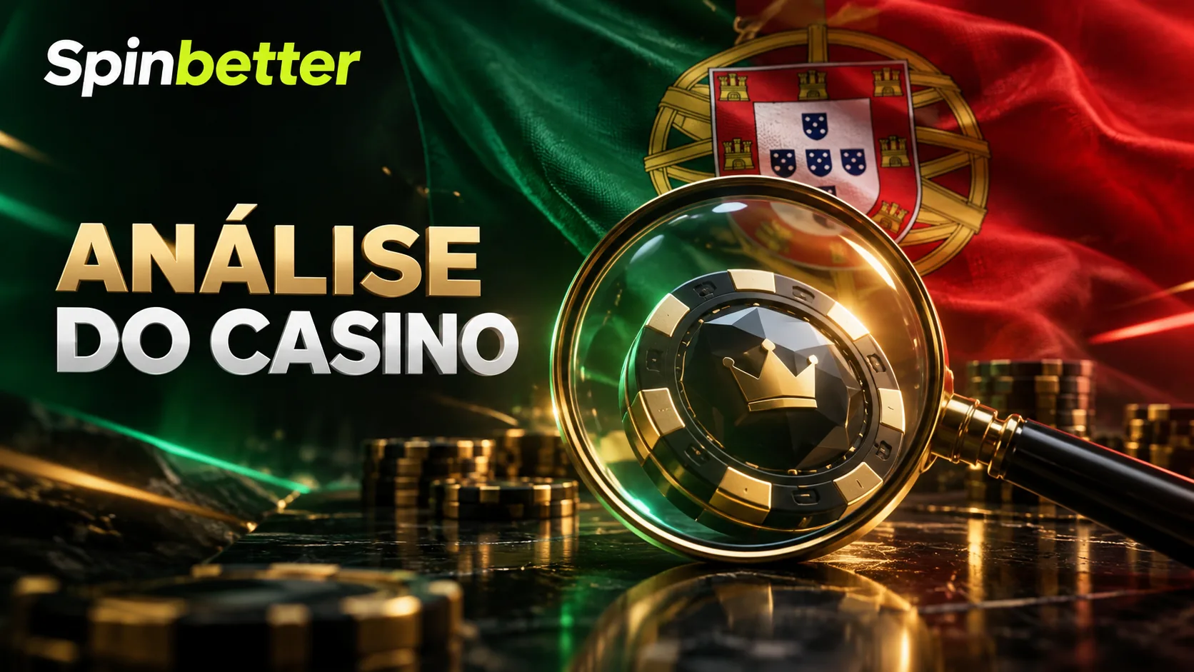Análise da operação do casino SpinBetter, com lupa sobre uma ficha de casino